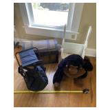 Backpack folding chair, stuffed gorilla, bunny