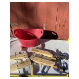 Two wood clamps , C clamps and plastic carrying