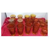12 amber glass tumblers, w 5 berry bowls