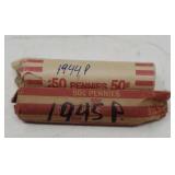 2 rolls , 1944-P and 1945-P Wheat Pennies