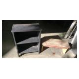 Small black bookshelf , barn wood stool