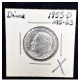 1955-D Roosevelt dime, 90% silver