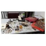 Contents on table, tokens, flatted pennies, old