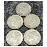 5 Total 3-D 1964, 1-1964, 1-1963-D Silver Dimes