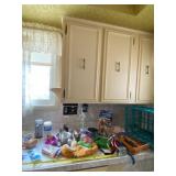 Crate with dog toys, feed & water bowls and more