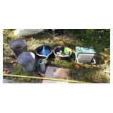 Galvanized buckets, fishing box, oil pans
