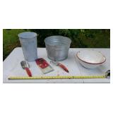 Enamel-ware bowl, galvanized bucket, garden tools