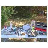 Tools, pipe wrench, sockets hammers, tool box and
