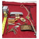 Bolo, belt buckles , old keys, key chains rosary,