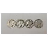 4-Mercury Dimes,1919,1923,1926 1928