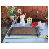 Wood hanging shelf, bow, cat and angel figurines
