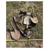Shovel ends, strap, pick axe end, wedge and bale