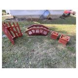 Red wood bridge, planter boxes and corner fence