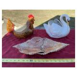 Handmade 1985 swan and chicken planters, leaf