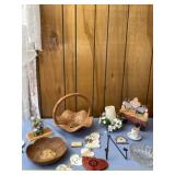Ceramic basket, glass bowl and decor
