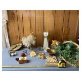 Cat decor, floral basket arrangement and brass