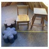 Small wooden chair and stool, two foot rests