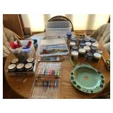 Paints, brushes, paint tray, pens and totes