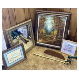 Mirror, wood shelf, framed pond and forest scene