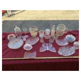 Glass pitcher, candy dishes, plates and sugar
