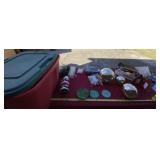 Christmas lights, light up gold globes and Santa