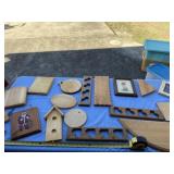 Box of wood crafts including frames and shelves