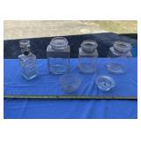 Empty Bourbon jar, small glass bowls and glass