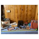 Glue gun, back scratcher, craft supplies, pens