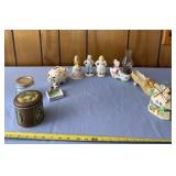 Piggy bank, glass jar, salt & pepper shakers, tin