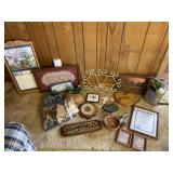 Framed pictures, aluminum decor, clock and more