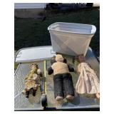 Old dolls , teddy bear tote and lid