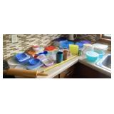 Tupperware with lids, rolling pin, miscellaneous