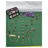 Gold Toned Necklaces and Pins w/ Gems, Earrings,