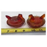 2-Vintage Amberina Glass Hen on Nest Salt