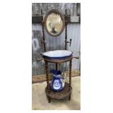 Vtg Wood Wash Stand w/ Pitcher & Bowl