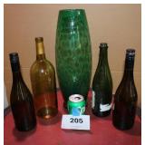 17" Green BLown Glass Vase & 4 Bottles