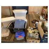 Totes with lids, canning jars, bread box, and