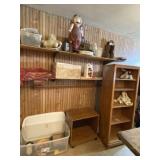 Wood shelf, microwave cart on wheels, tote with