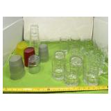 Cocktail glasses, glass mugs, plastic cups and