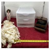 Hand made dolls, clock table and tote with