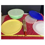Tupperware bowl with lid, miscellaneous lids and