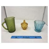 Colored Glass Pitcher, Covered Dish, Candy Dish