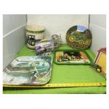 John Deere tins, picture frame, stein, carrying