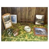 John Deere framed picture, wood shelf, hanging