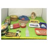 Coca-Cola bottle opener, hat, candles and tins