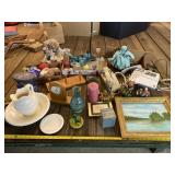 Wood shelf, candles, plush toys, framed painting,