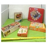 Puzzles, Mad card game, Scrabble and chess