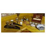 Oriental bowls ,fans, brass vases, jewelry box