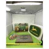 John Deere cutting board, tin sign, plastic plate
