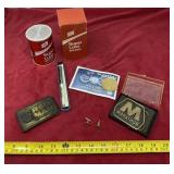 Marathon and Red Man belt buckles, FS pen and